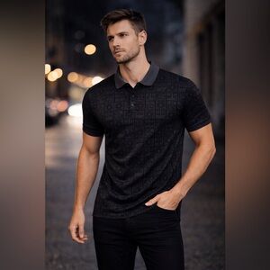 Albertini Designer Black Greek Key Polo Shirt Stretch Cotton Luxury Mens Small